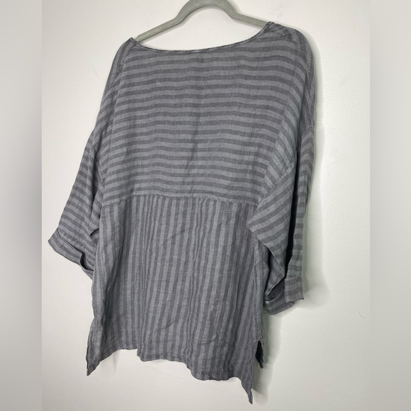 XCVI Gray 100% Linen Lagenlook Stripe V-Neck Boxy Loose Baggy Blouse L Comfort - Picture 7 of 9